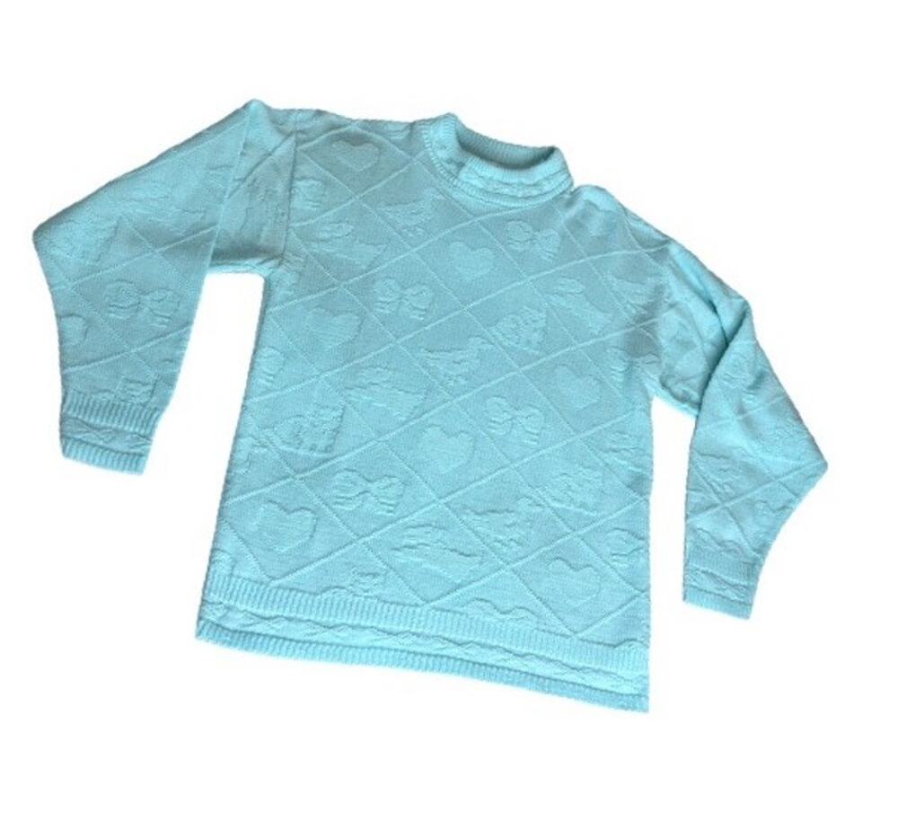 Vintage Glamour-Knit Sweater Graphic Blue Heart Duck Bow Cat Dog Size Medium